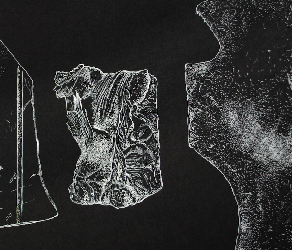De la serie "Mediciones". Dibujo en tinta blanca sobre papel e impresión digital.